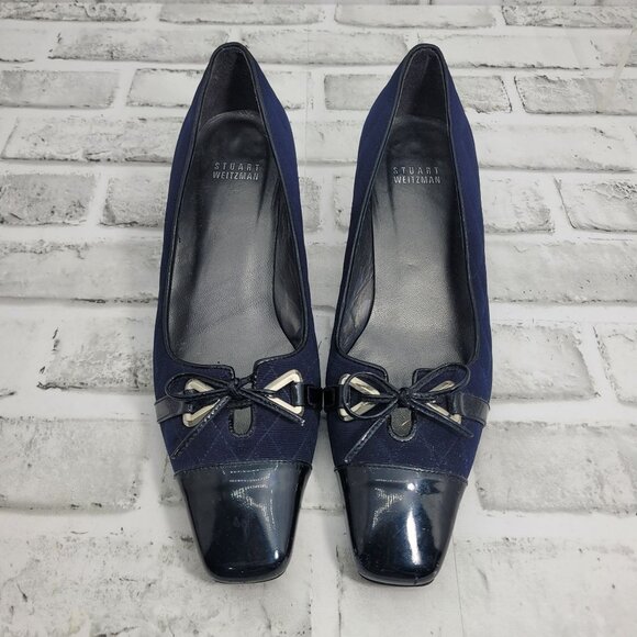 Stuart Weitzman Low Kitten Heel Navy Black Little Bow Shoes Size 8.5 - Picture 4 of 7